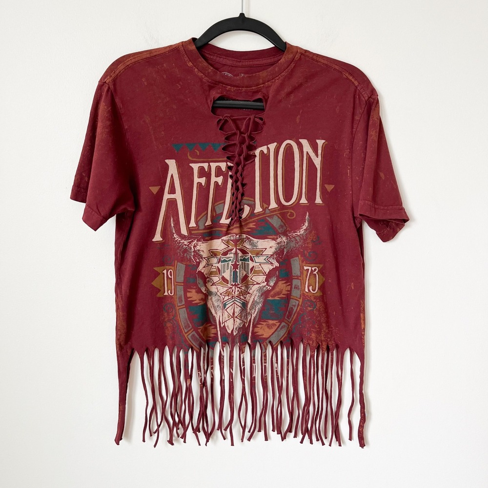 Affliction Western Fringe Front Laced T-Shirt Oxblood Red Womens Small
